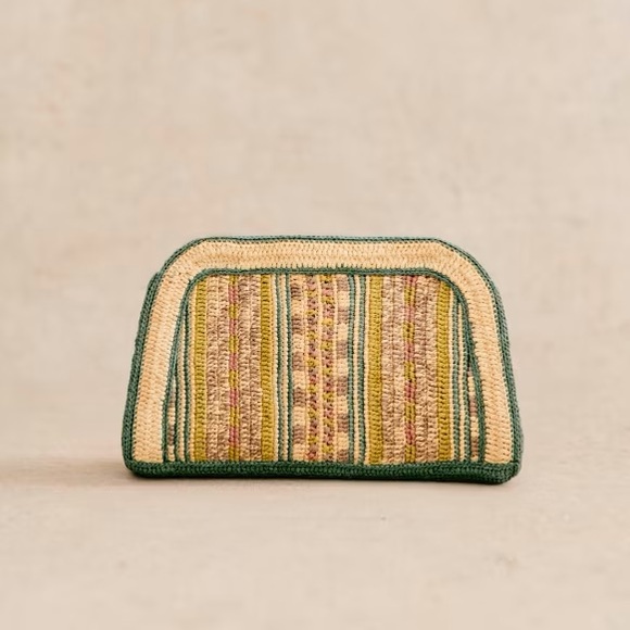 Sezane Carla Pouch Clutch Hand Bag Woven raffia evening stripe green tan pink - Picture 2 of 12